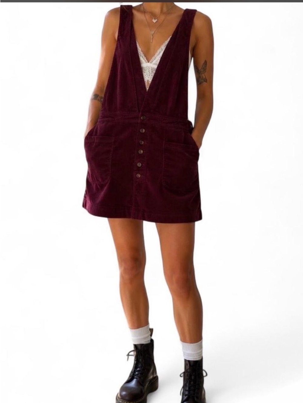 Free People Burgundy Corduroy Pinafore Mini Dress
